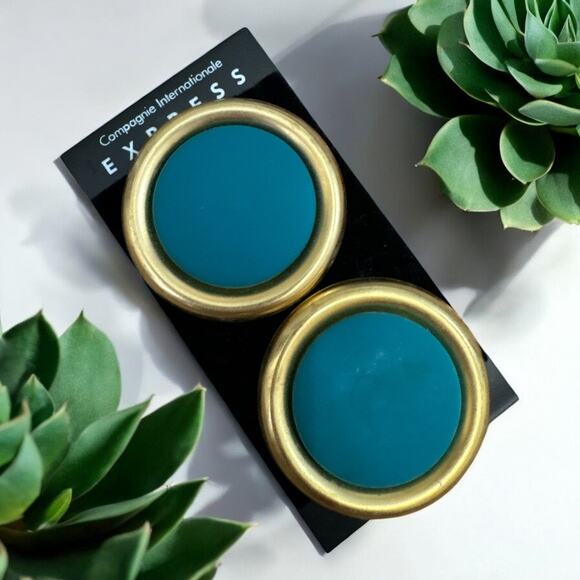 Vintage EXPRESS Large Teal Gold Round Earrings NEW - Picture 1 of 3